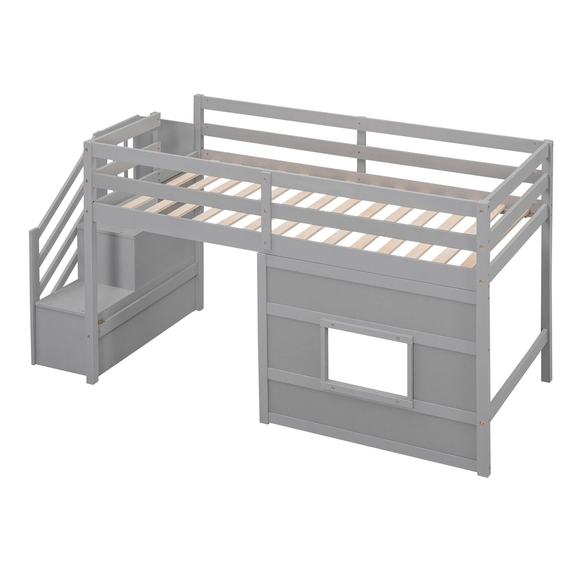 Loft bed with storage staircase in grey wood frame with guard rails on Tampa Home & Garden Store