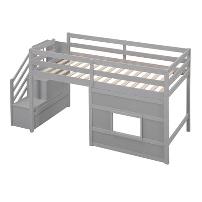 Loft bed with storage staircase in grey wood frame with guard rails on Tampa Home & Garden Store