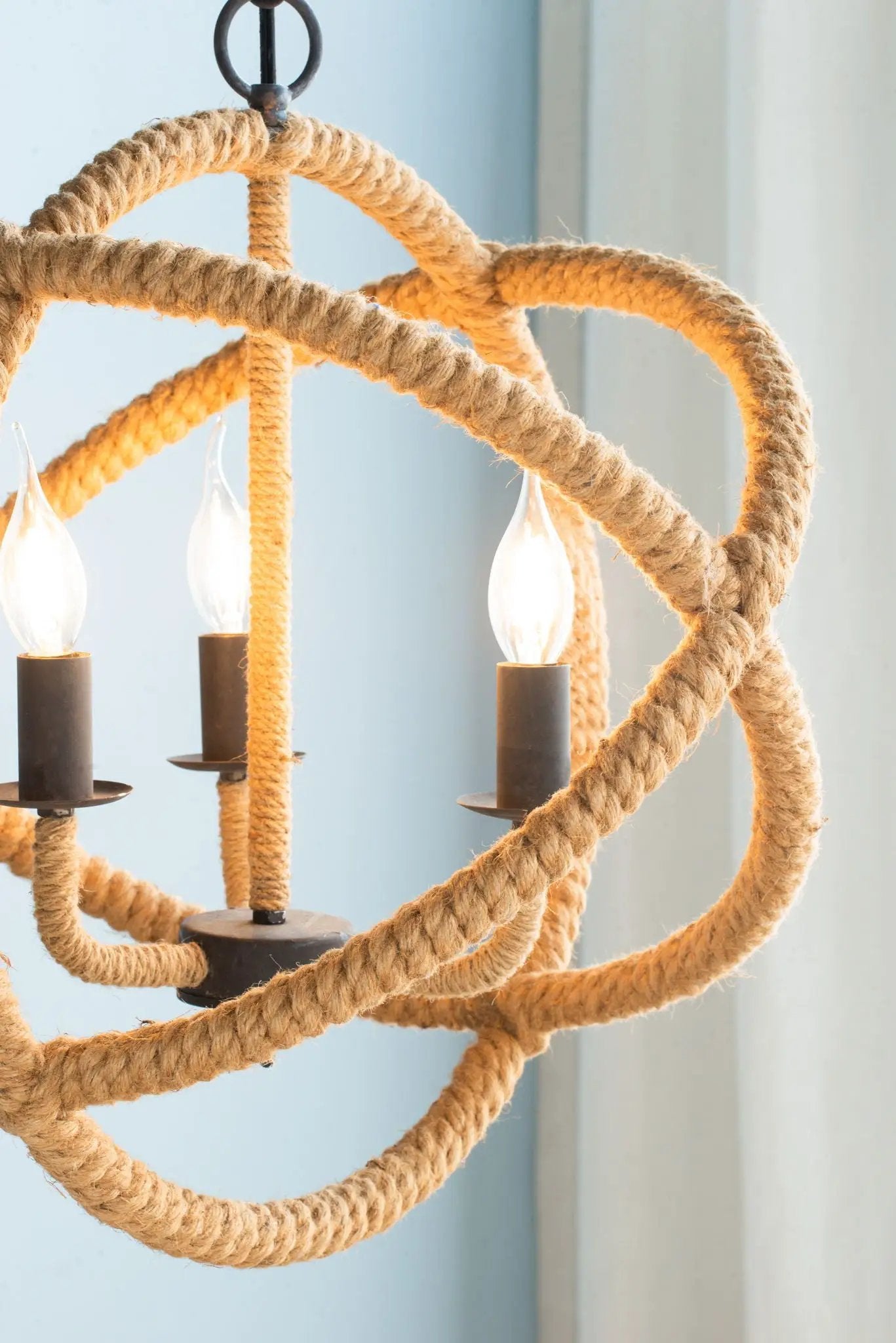 3-light farmhouse rope chandelier with beige-brown jute rope and dark metal candle cups on Tampa Home & Garden Store