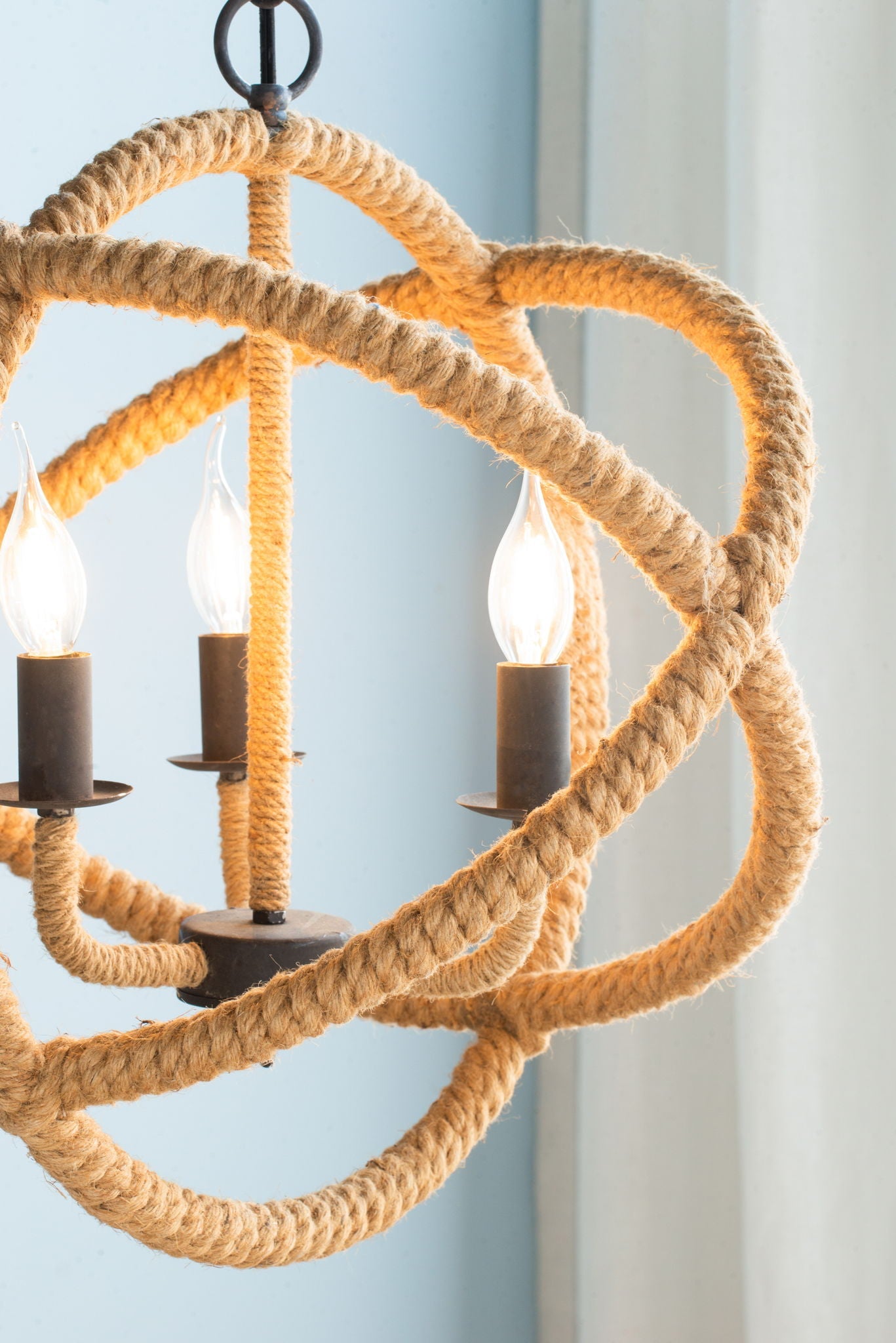 3-light farmhouse rope chandelier with adjustable chain, beige brown, by HouseOfZazla on Tampa Home & Garden Store