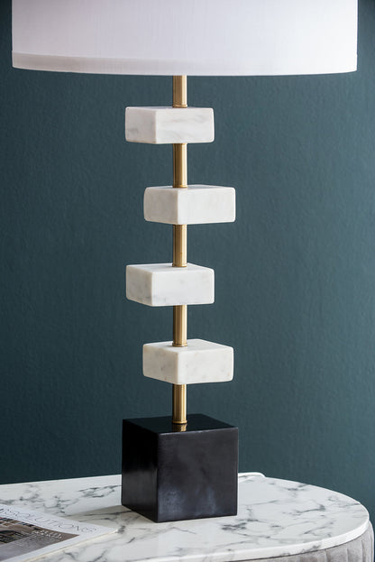 Table lamp D15x30 with white marble blocks on brass stem, black cube base, white shade on Tampa Home & Garden Store