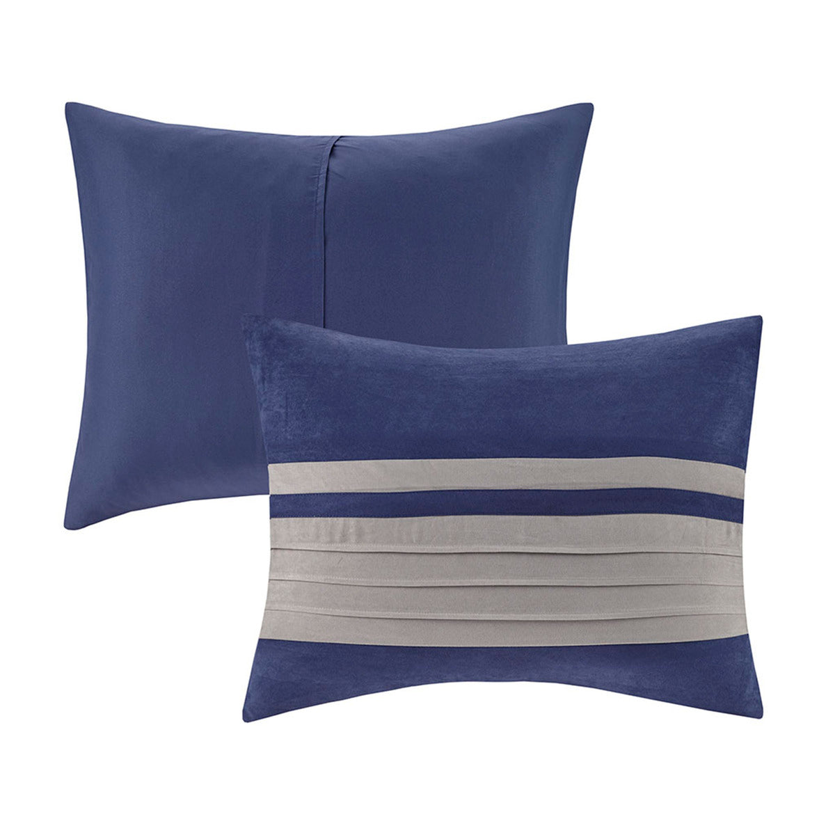 7 PC Pieced Faux Suede Comforter Set HouseOfZazla with navy blue pillow and 2 striped pillows on Tampa Home & Garden Store