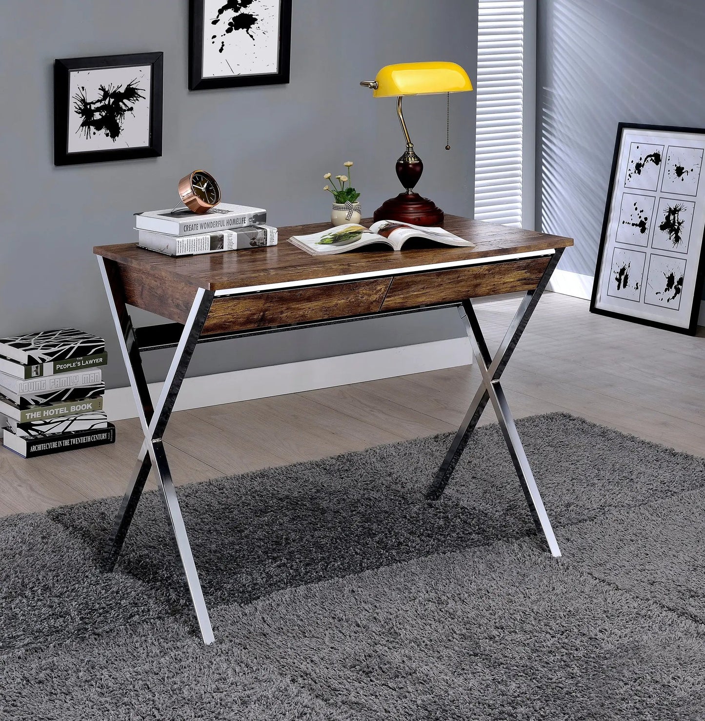 Weathered Oak Writing Desk with Chrome Legs