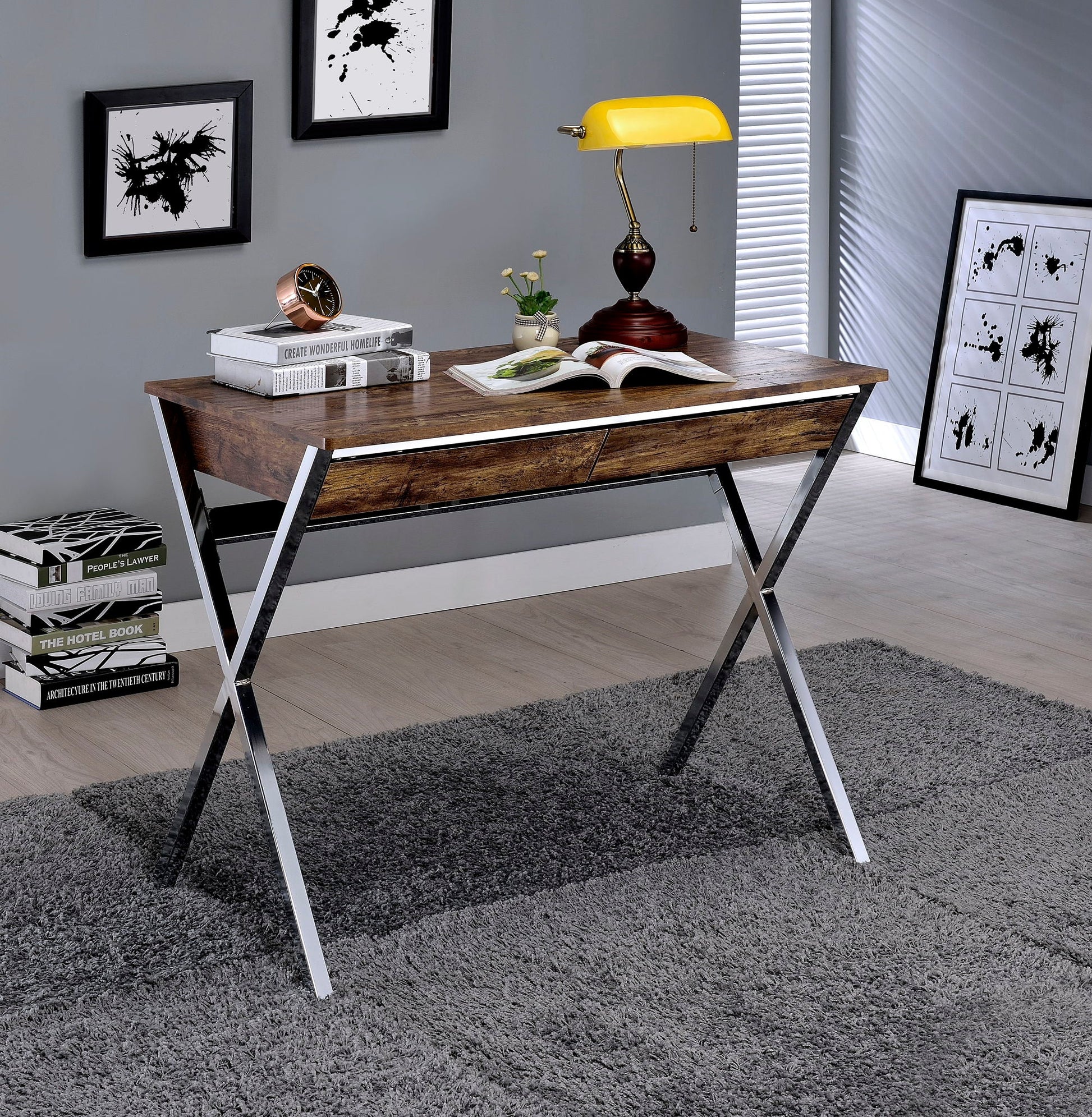 Callers Weathered Writing Desk - Chrome / Oak with metal X-leg frame in a stylish home office on Tampa Home & Garden Store