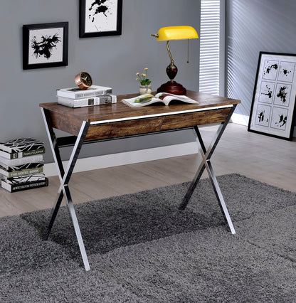 Callers Weathered Writing Desk - Chrome / Oak with metal X-leg frame in a stylish home office on Tampa Home & Garden Store