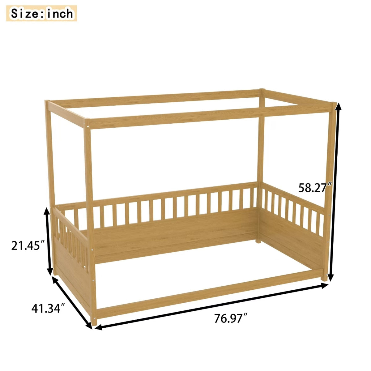 Twin size canopy bed frame with guardrails in natural oak wood finish by HouseOfZazla on Tampa Home & Garden Store