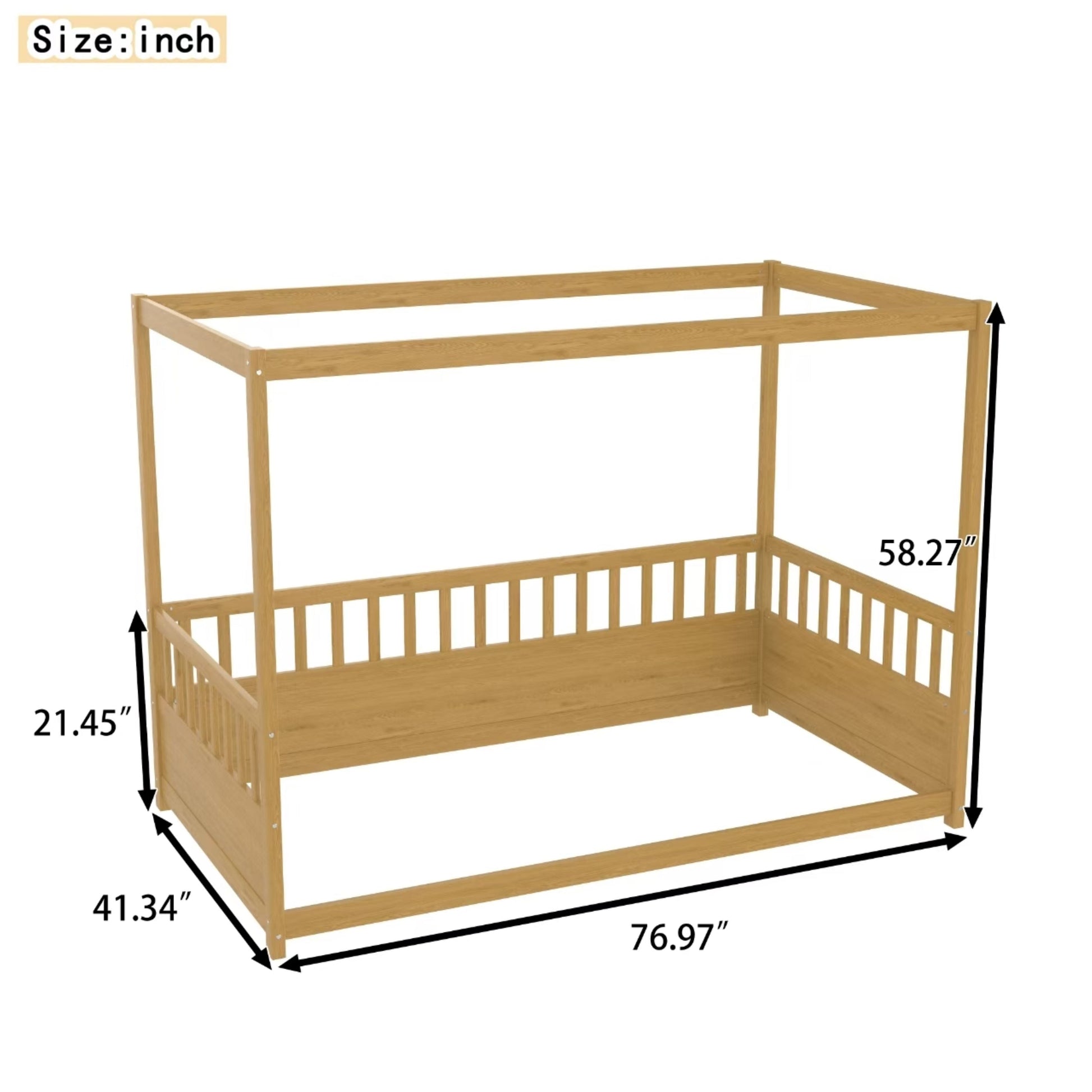 Twin size canopy bed frame with guardrails in natural oak wood finish by HouseOfZazla on Tampa Home & Garden Store