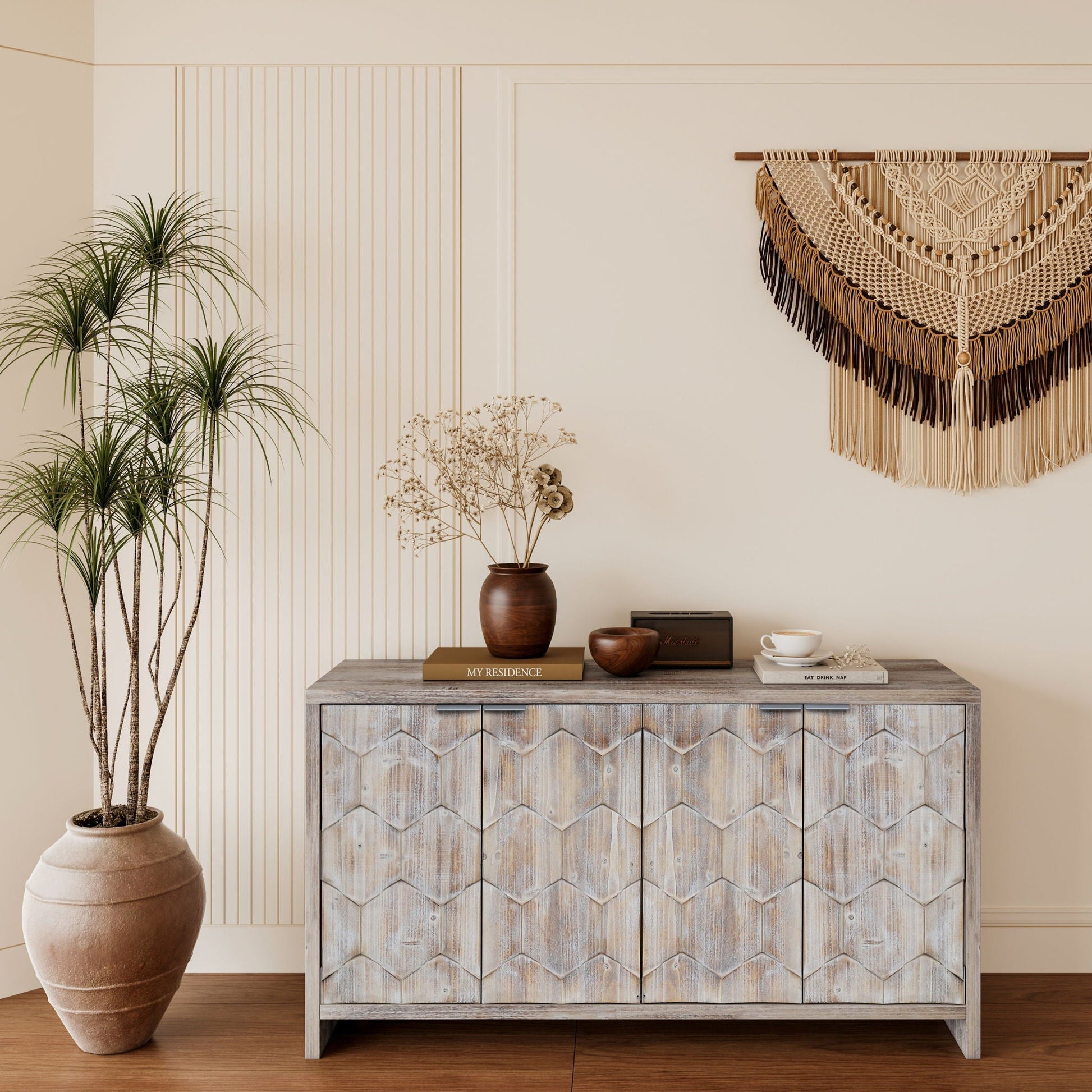 Accent cabinet farmhouse style 4-door weathered wood sideboard with chevron fronts on Tampa Home & Garden Store