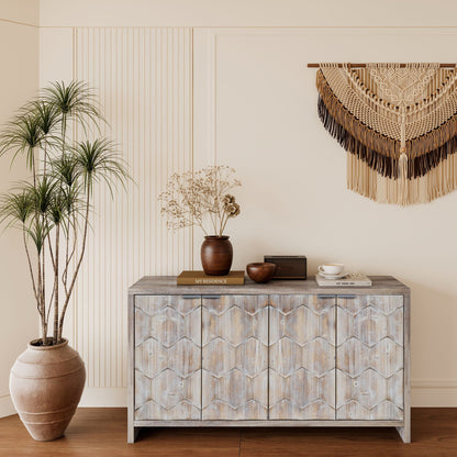 Accent cabinet farmhouse style 4-door weathered wood sideboard with chevron fronts on Tampa Home & Garden Store