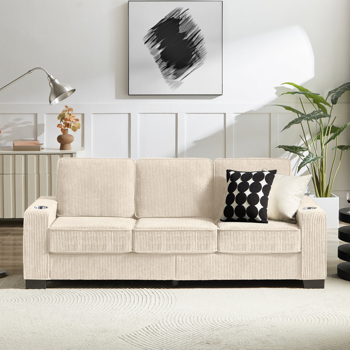 Modern corduroy 3-seater sofa in beige upholstery for living room decor on Tampa Home & Garden Store