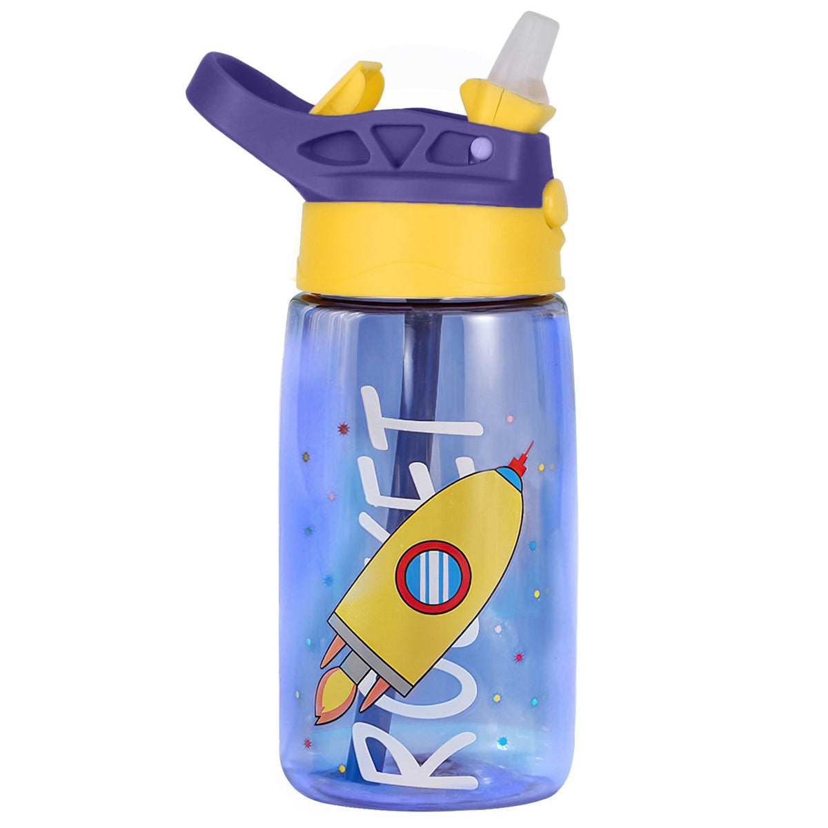 16.2oz leak-proof kids water bottle with straw, blue bottle and purple-yellow lid on Tampa Home & Garden Store