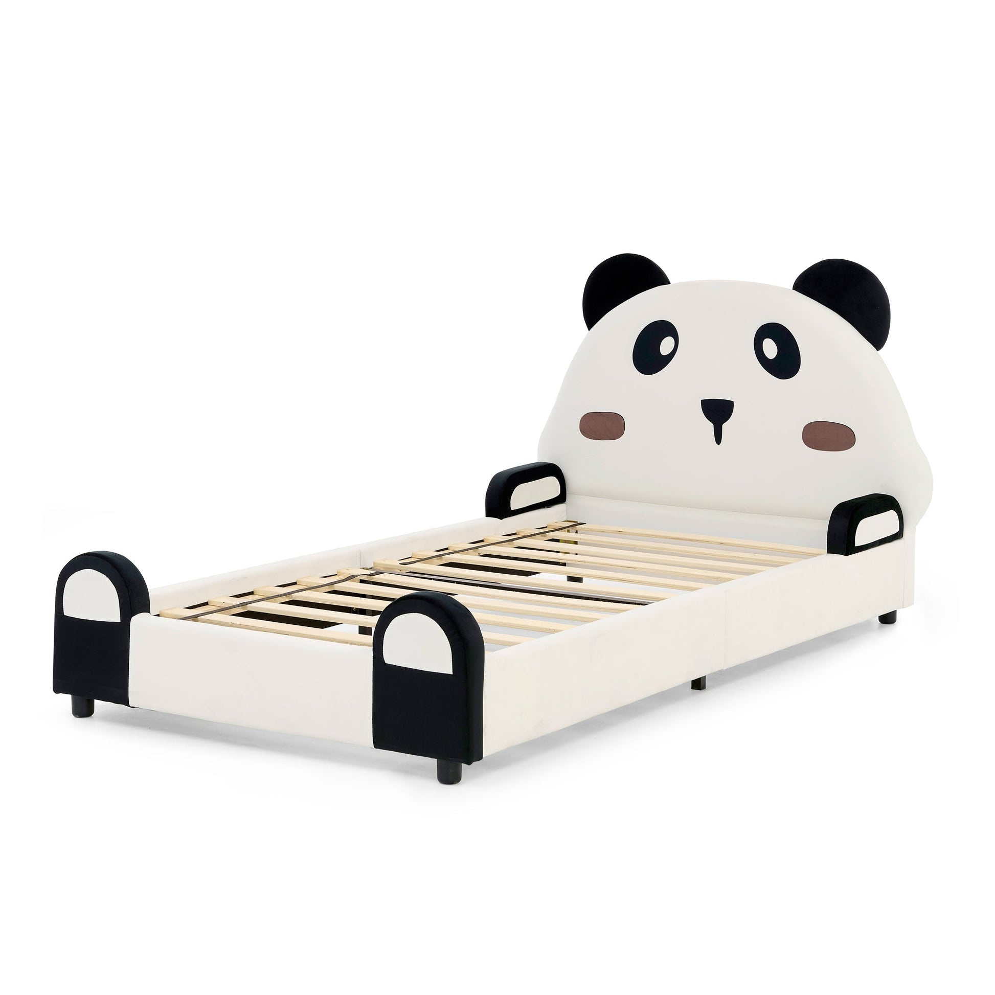 Twin size panda-shaped bed with velvet fabric and panda-face headboard on a slatted base on Tampa Home & Garden Store