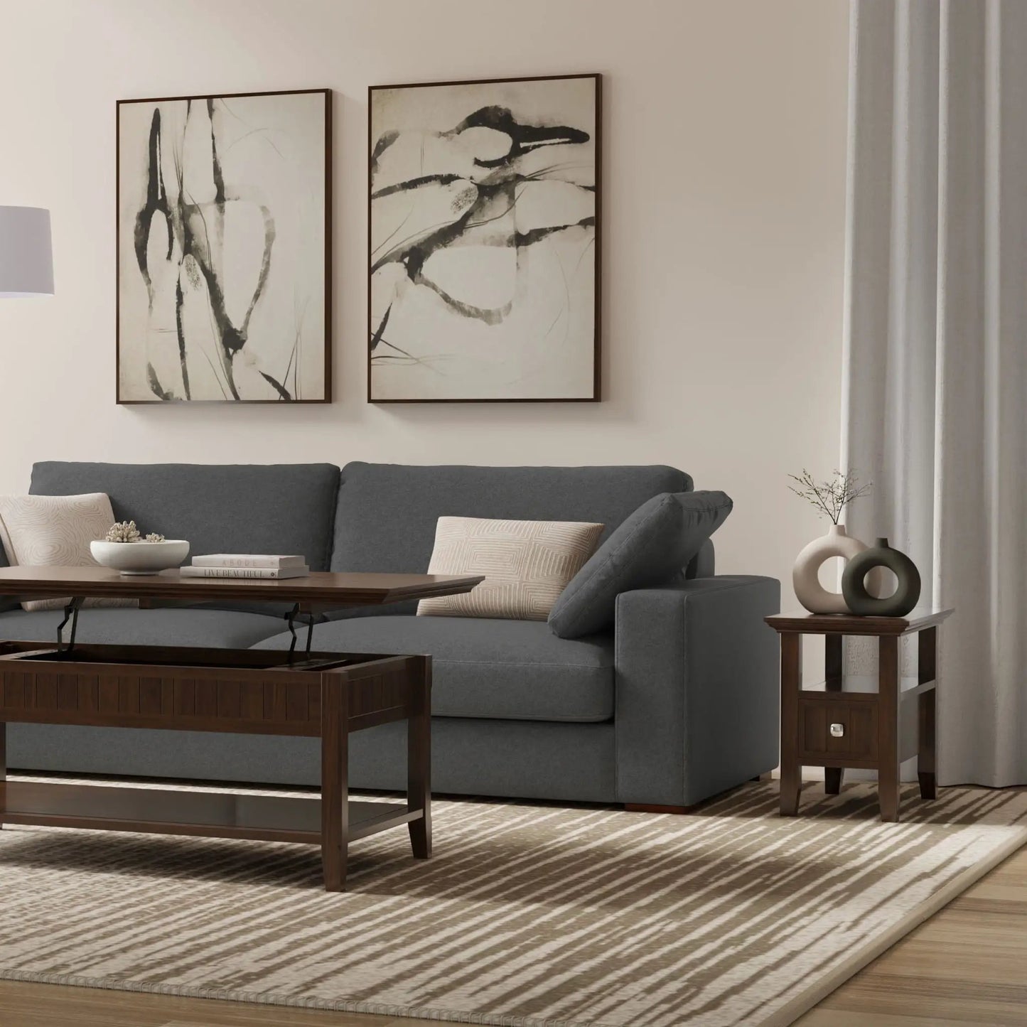 Acadian end table with drawer by Unique Piece Furniture, dark wood finish beside a gray sofa on Tampa Home & Garden Store