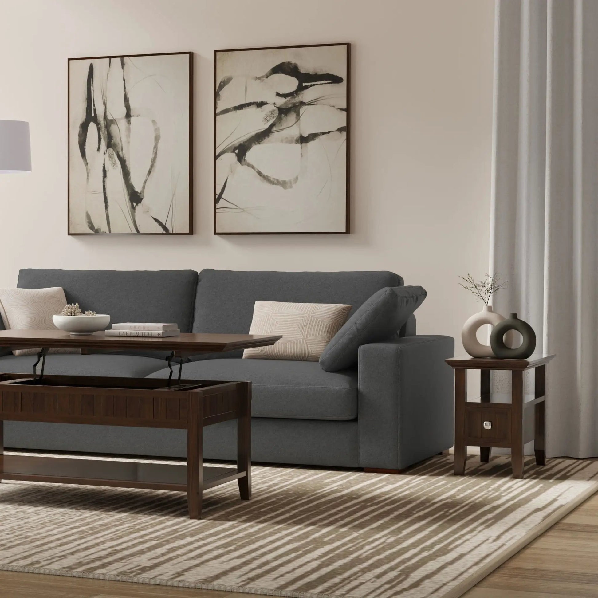 Acadian end table with drawer by Unique Piece Furniture, dark wood finish beside a gray sofa on Tampa Home & Garden Store