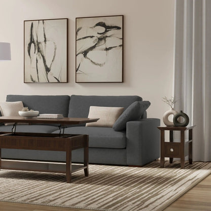 Acadian end table with drawer by Unique Piece Furniture, dark wood finish beside a gray sofa on Tampa Home & Garden Store