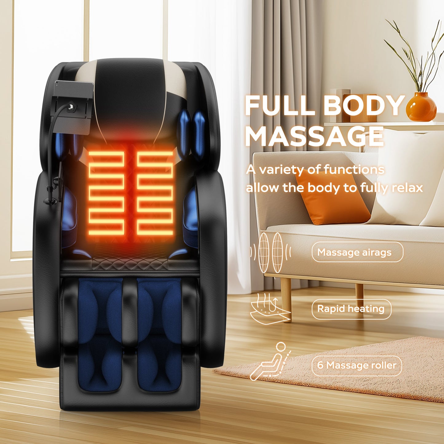 2024 HouseOfZazla massage chair recliner with heat panels and blue cushions in living room on Tampa Home & Garden Store