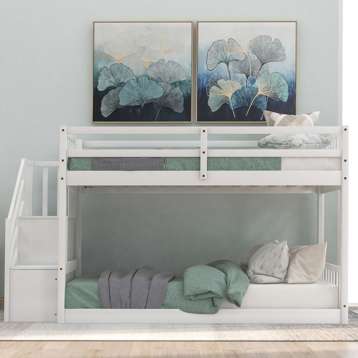 Twin Over Twin Floor Bunk Bed with Storage Ladder, white frame, teal bedding HouseOfZazla on Tampa Home & Garden Store