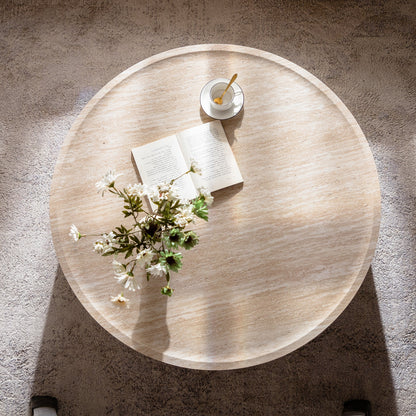 39.37in round coffee table Mars pattern beige marble finish HouseOfZazla with cup and book on Tampa Home & Garden Store