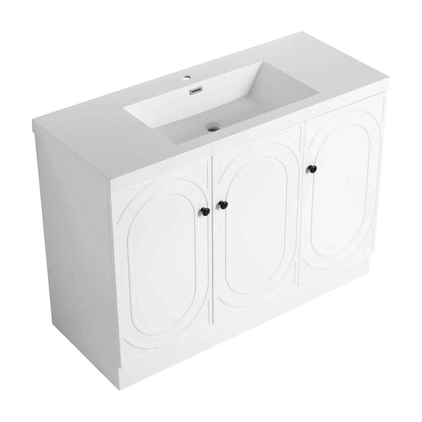 Contemporary white freestanding bathroom vanity with resin sink and soft-close cabinet doors on Tampa Home & Garden Store