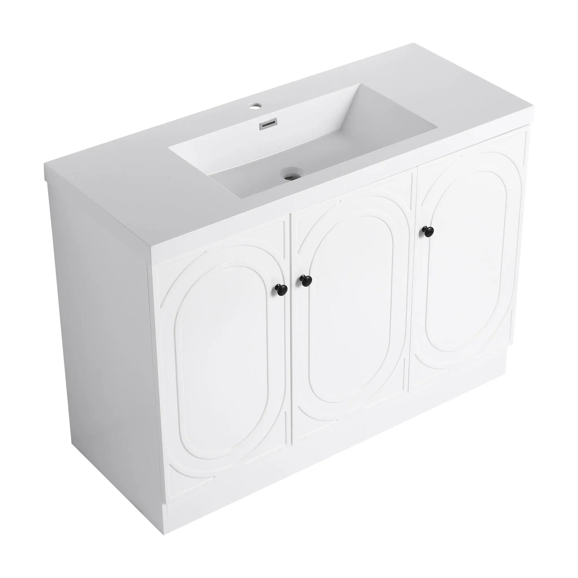 Contemporary white freestanding bathroom vanity with resin sink and soft-close cabinet doors on Tampa Home & Garden Store