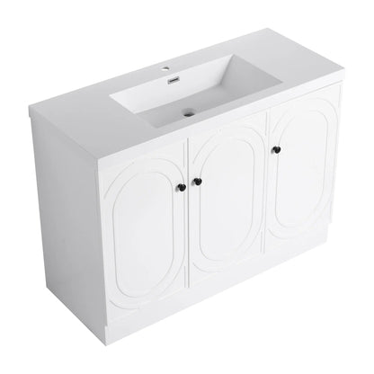 Contemporary white freestanding bathroom vanity with resin sink and soft-close cabinet doors on Tampa Home & Garden Store