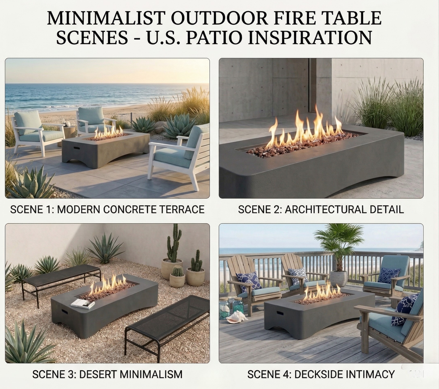 56-inch rectangular propane fire pit table on modern gray concrete terrace with seating on Tampa Home & Garden Store