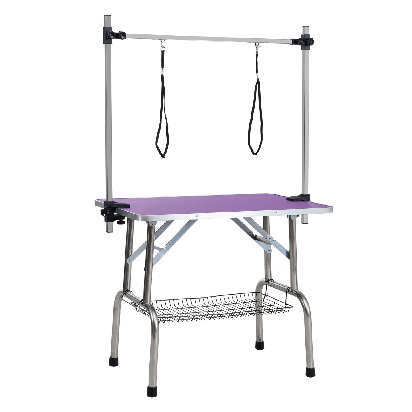 Folding pet grooming table with stainless steel frame and rubber mat on board, two arm clamps on Tampa Home & Garden Store