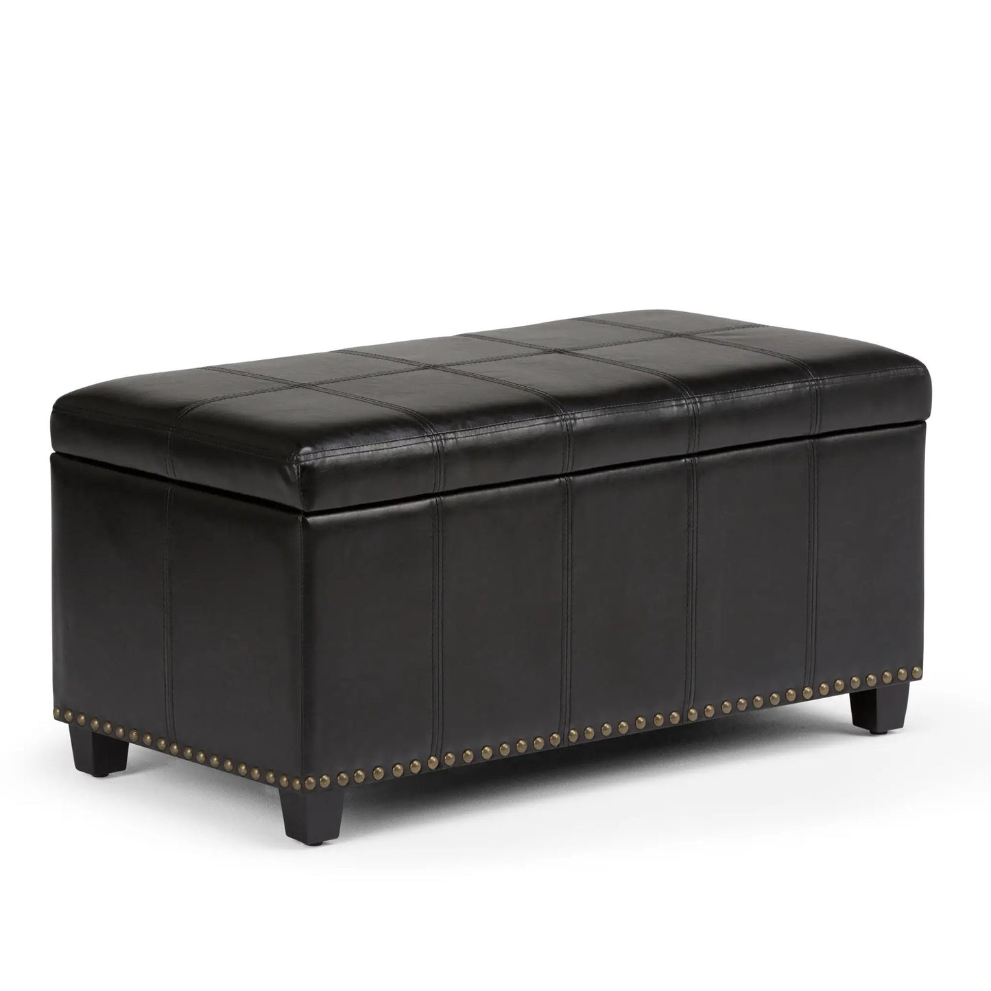 Amelia storage ottoman bench in black leather with grid stitching and brass nailhead trim on Tampa Home & Garden Store