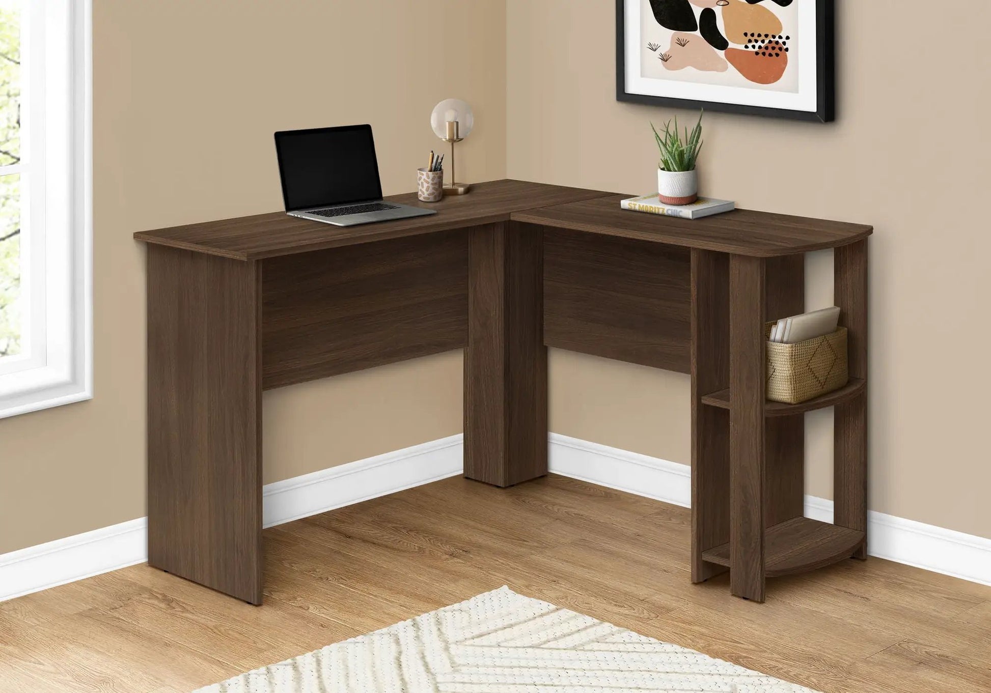 Walnut L-shaped corner desk with built-in storage shelves and laptop on left surface on Tampa Home & Garden Store