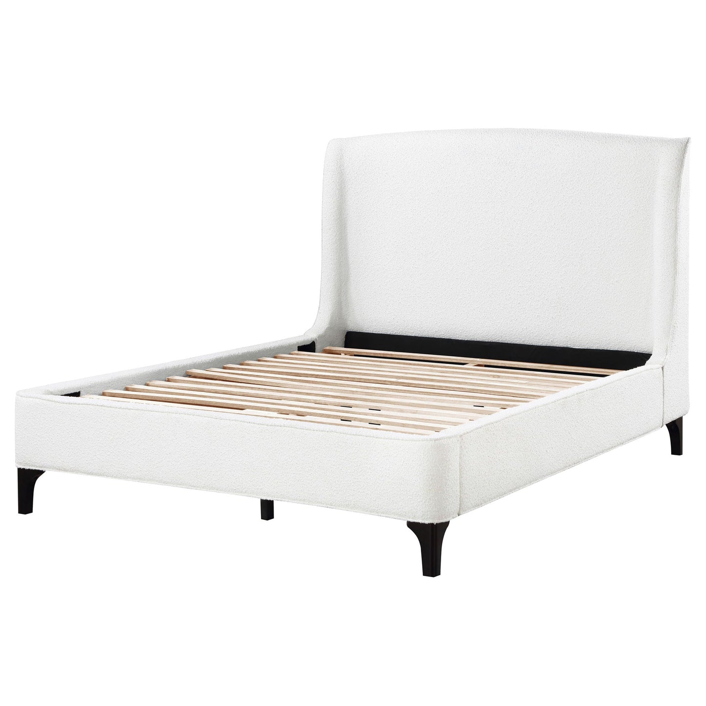 Theodore wingback bed white upholstery with wooden legs and slats on Tampa Home & Garden Store