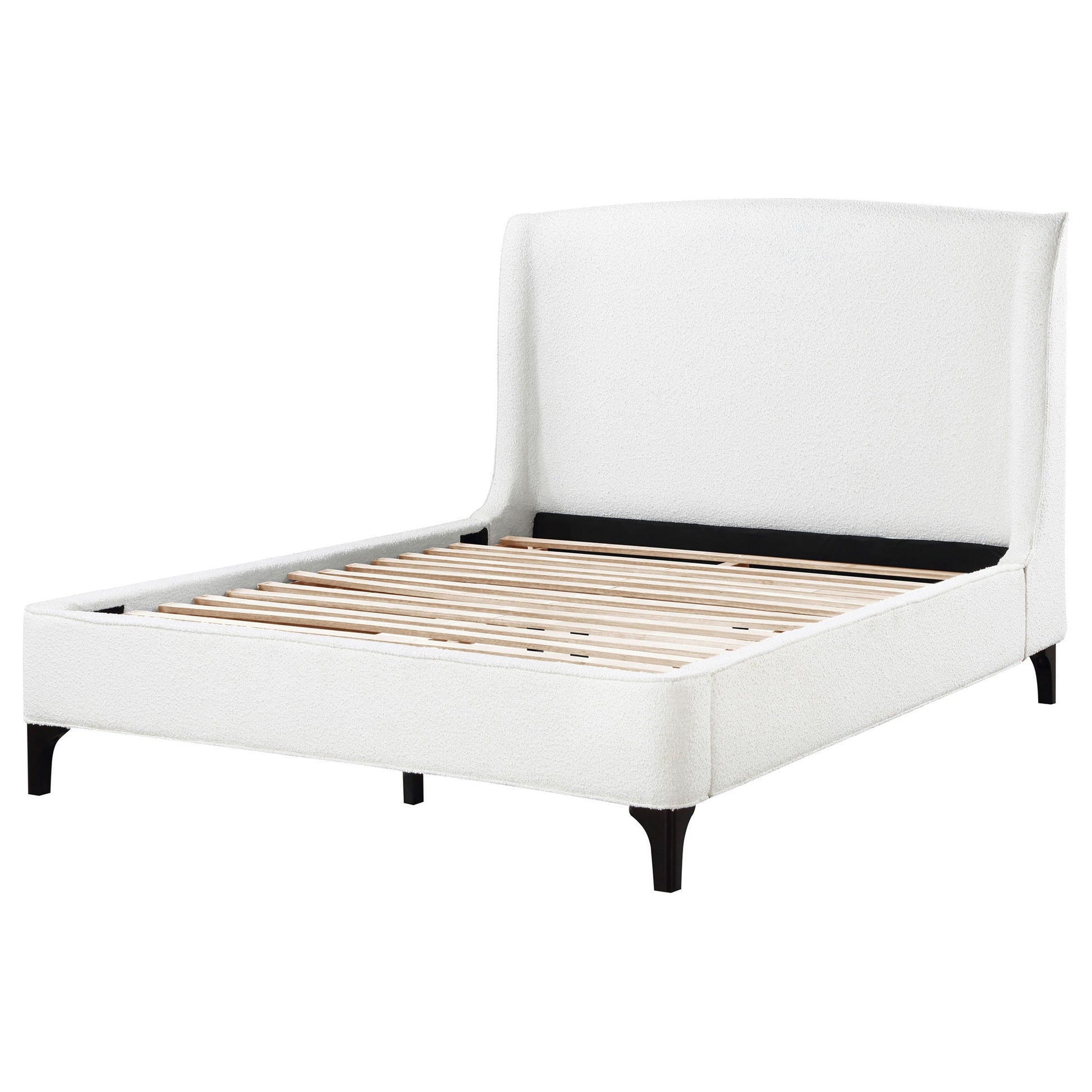 Theodore wingback bed white upholstery with wooden legs and slats on Tampa Home & Garden Store
