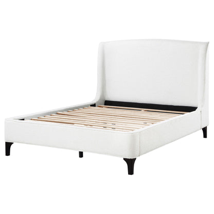 Theodore wingback bed white upholstery with wooden legs and slats on Tampa Home & Garden Store