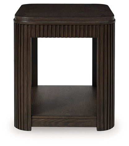Carlibrie Rectangular End Table in dark espresso wood with ribbed fluted sides on Tampa Home & Garden Store