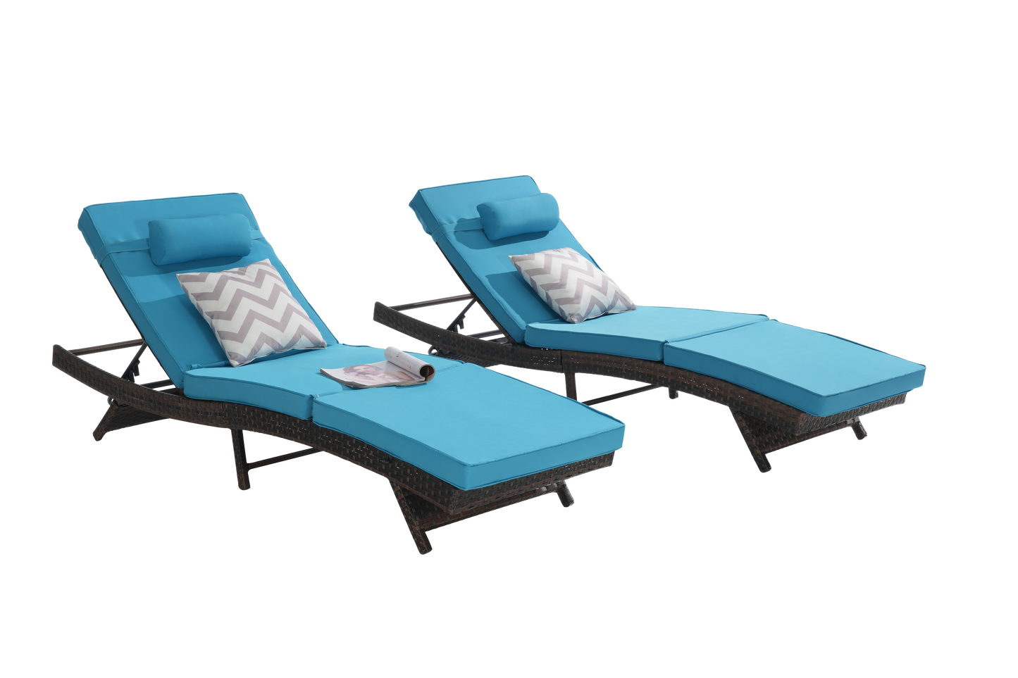Outdoor wicker reclining chairs set of 2 with turquoise cushions and chevron pillows on Tampa Home & Garden Store