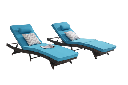 Outdoor wicker reclining chairs set of 2 with turquoise cushions and chevron pillows on Tampa Home & Garden Store