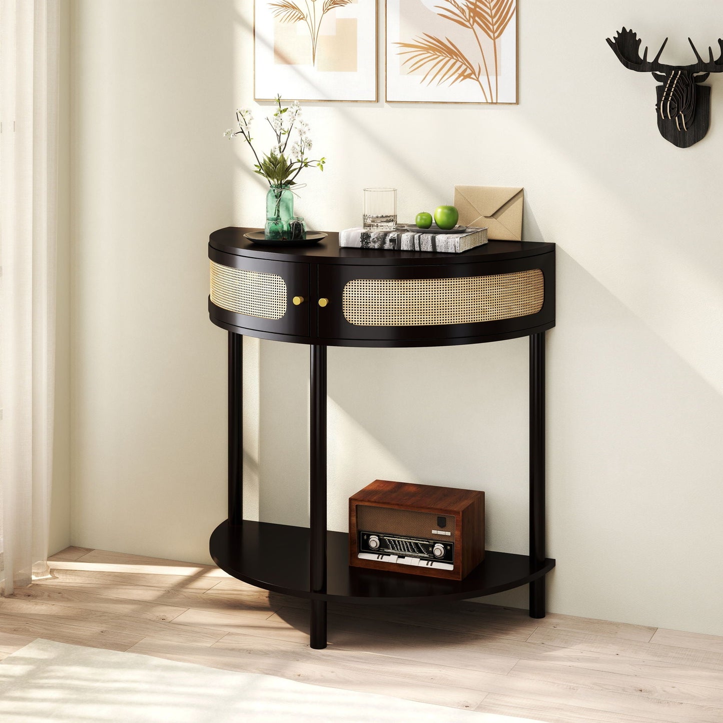 Boho rattan semi-circle end table with sliding door, storage and bottom shelf by HouseOfZazla on Tampa Home & Garden Store