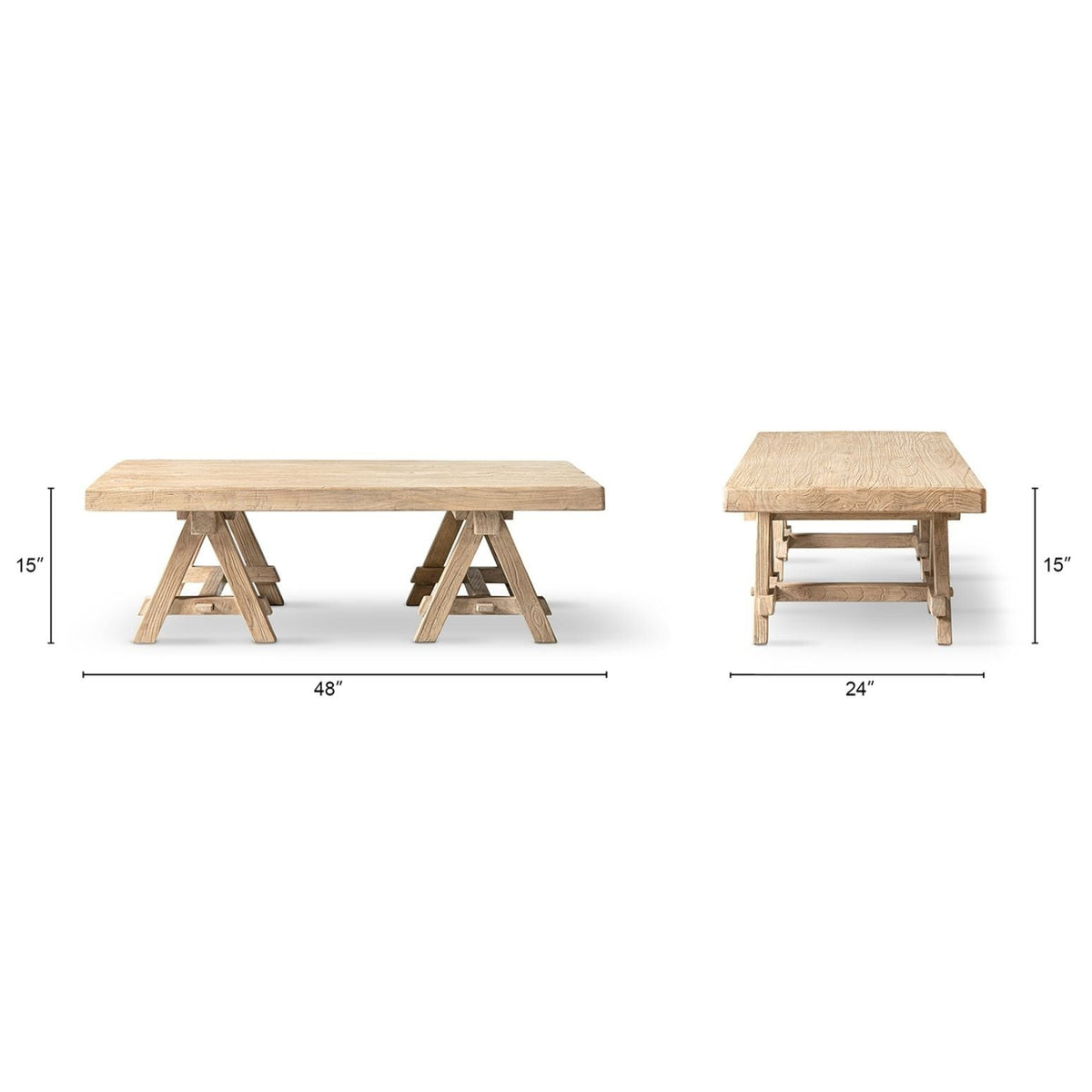 Trestle coffee tables set in solid reclaimed elm light or dark brown 48in main 24in side on Tampa Home & Garden Store
