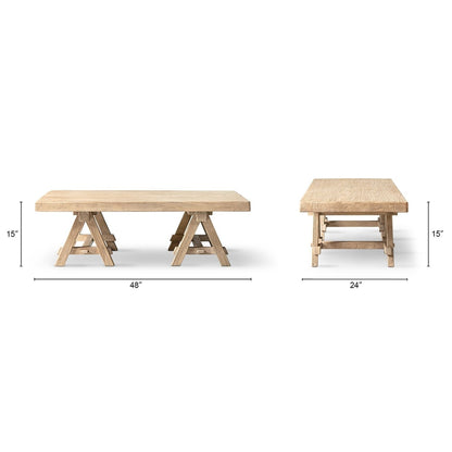 Trestle coffee tables set in solid reclaimed elm light or dark brown 48in main 24in side on Tampa Home & Garden Store
