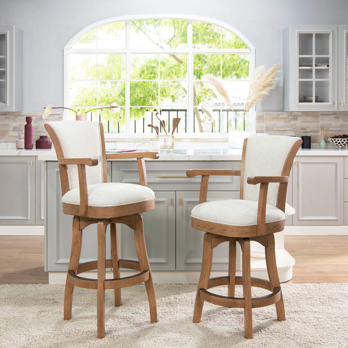 Pair of Williams Swivel Bar Stools with Armrests, solid oak frame, beige upholstery, 28–30 on Tampa Home & Garden Store