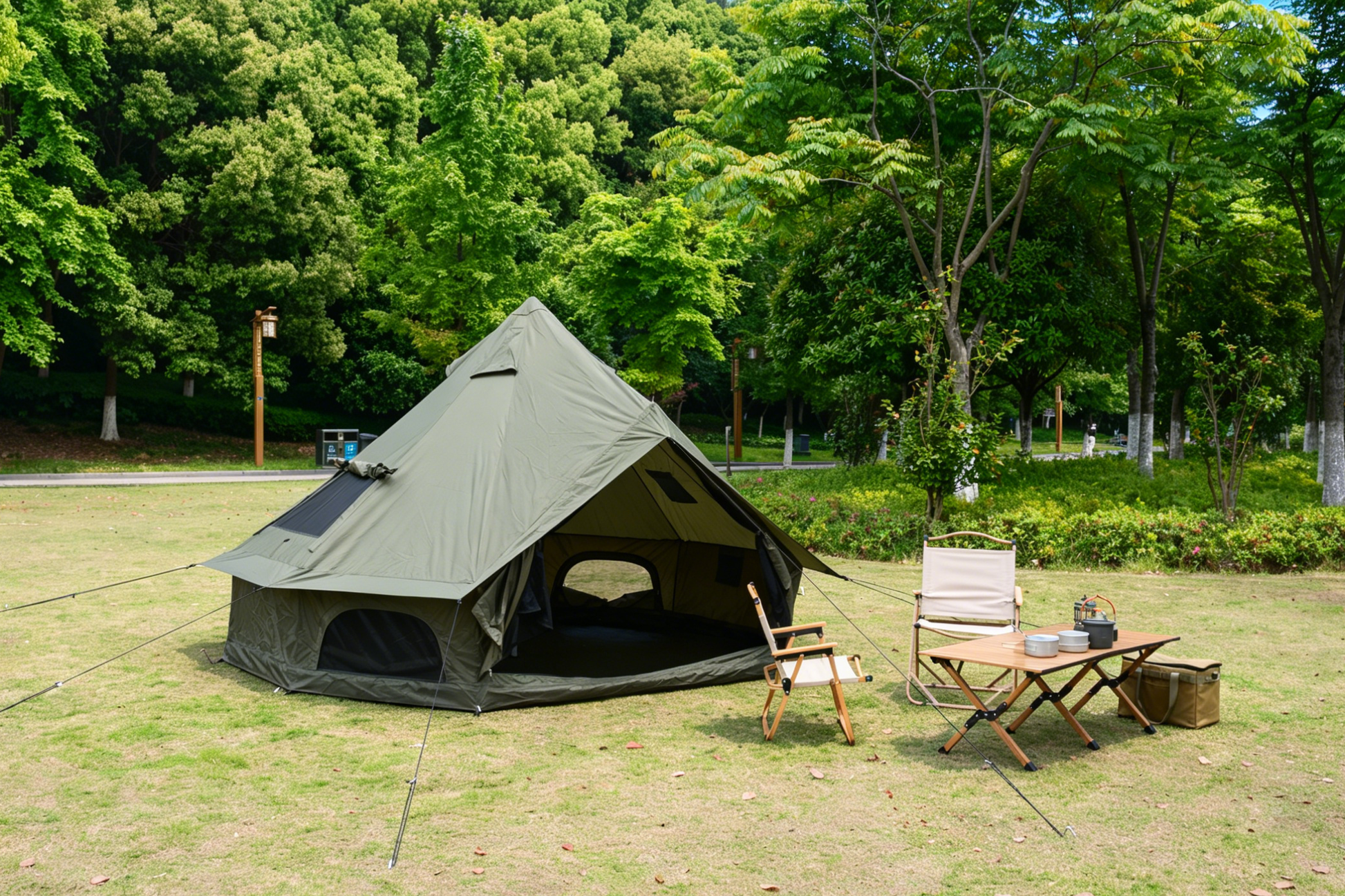 Oxford Bell Tent for Family Camping by HouseOfZazla, khaki canvas tent pitched in a park on Tampa Home & Garden Store