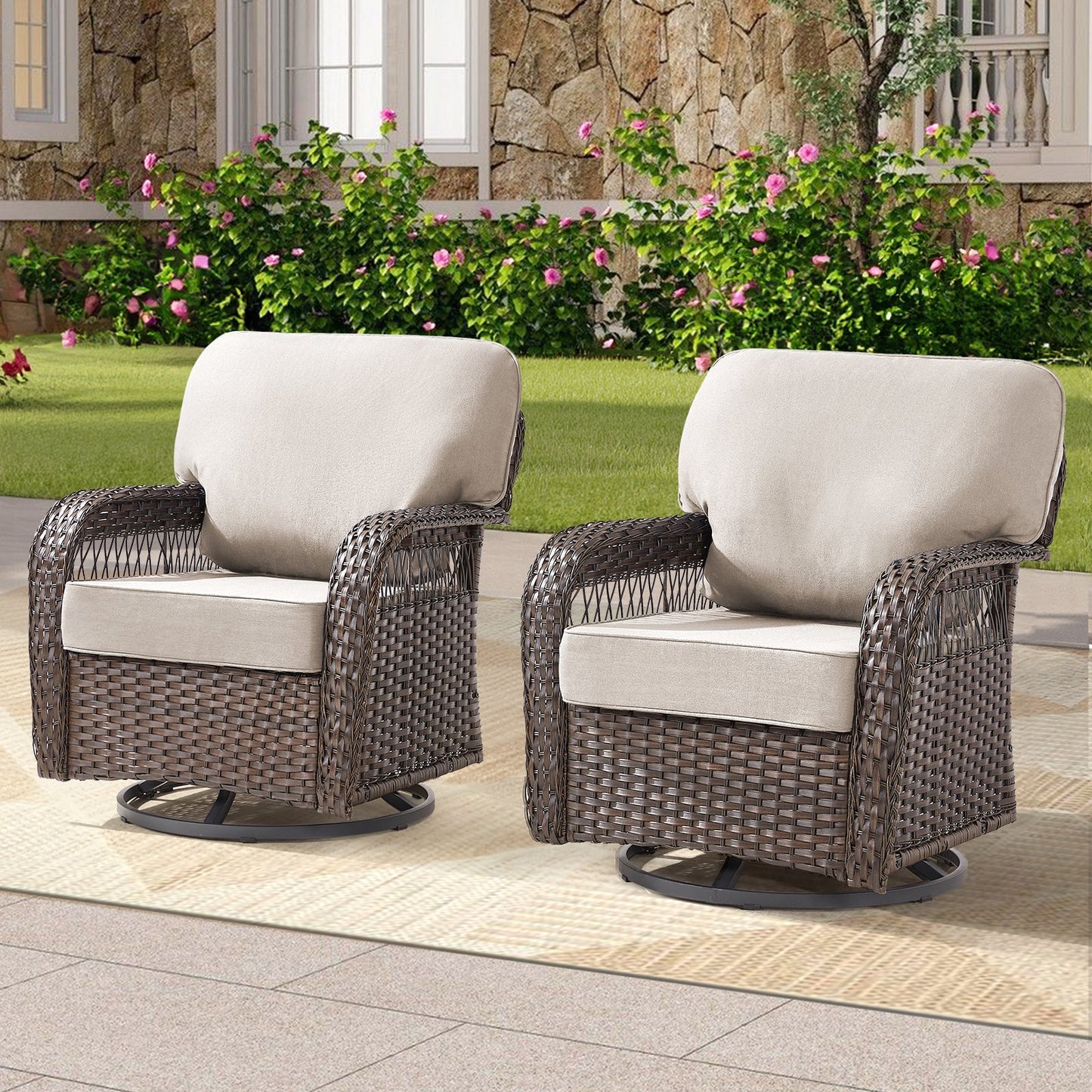 Outdoor Glider Chairs set of 2 in dark brown wicker with beige cushions HouseOfZazla on Tampa Home & Garden Store