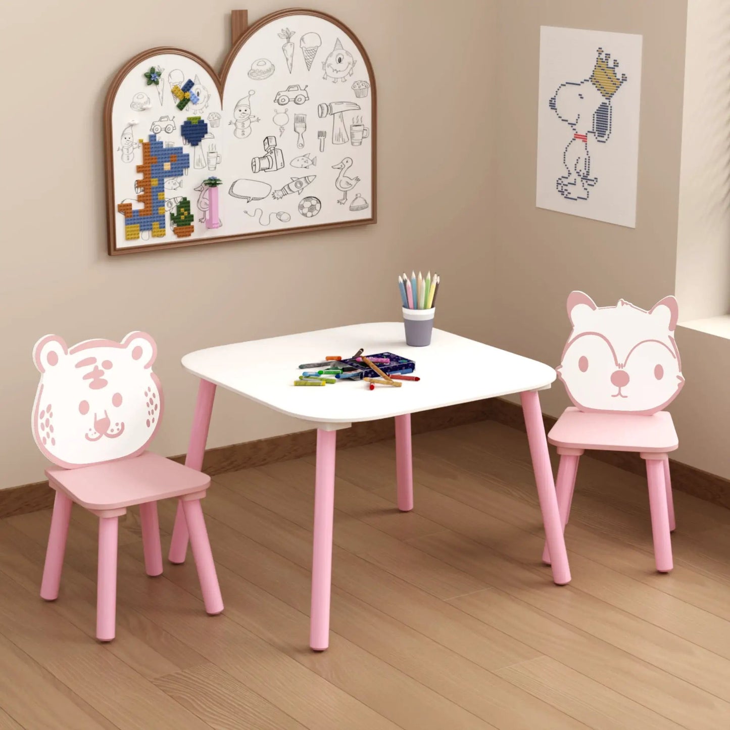 Table and 2 pink wooden toddler chairs with bear-backrests and a white tabletop on Tampa Home & Garden Store