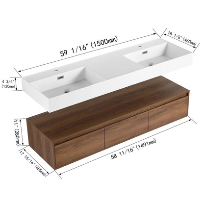Contemporary Wall Mounted Vanity with Dual Sinks