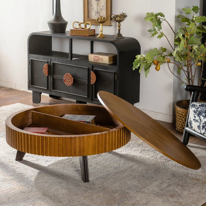 Round Retro Coffee Table with Solid Wood Legs