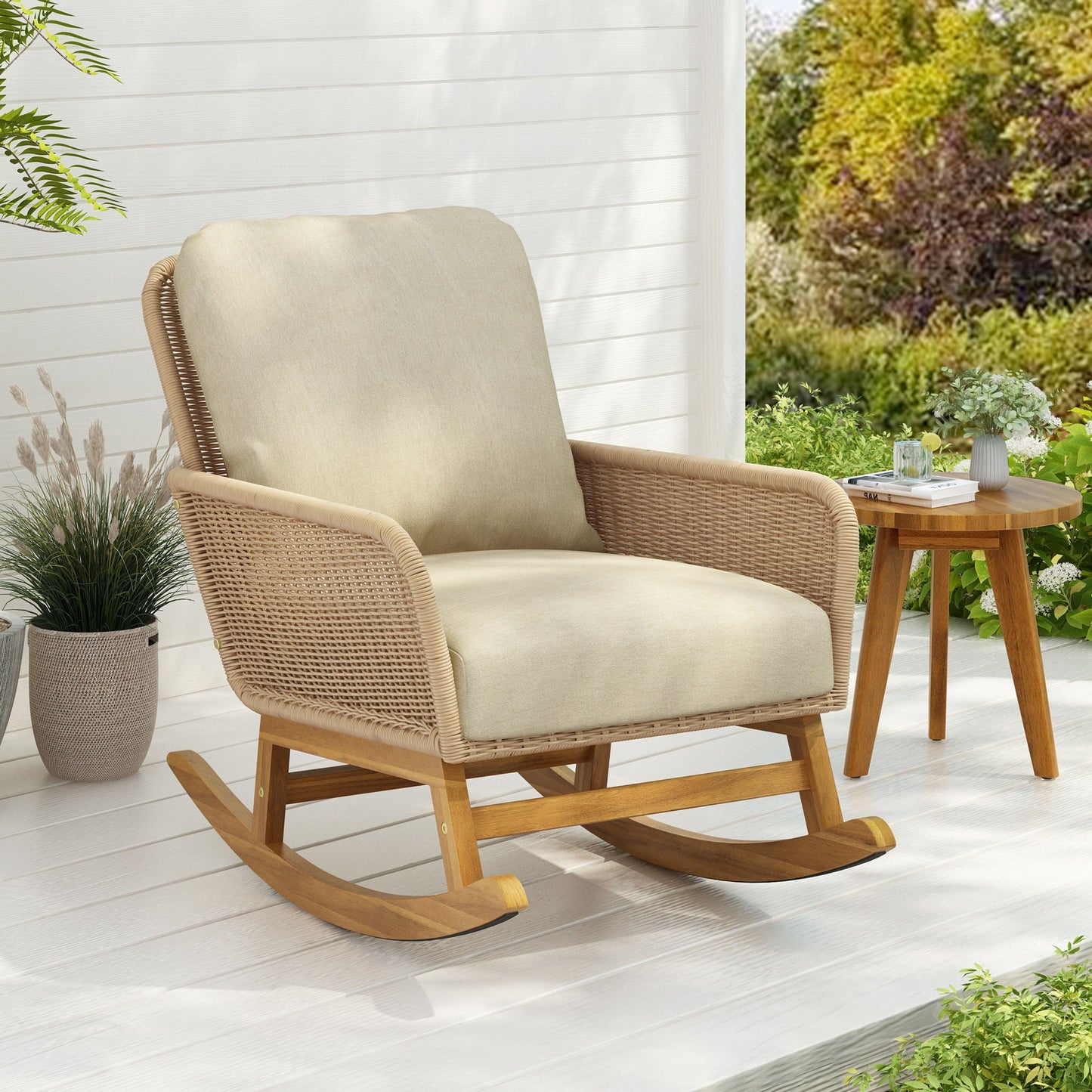 Contemporary Minimalist Wicker Rocking Chair with beige cushions HouseOfZazla on Tampa Home & Garden Store