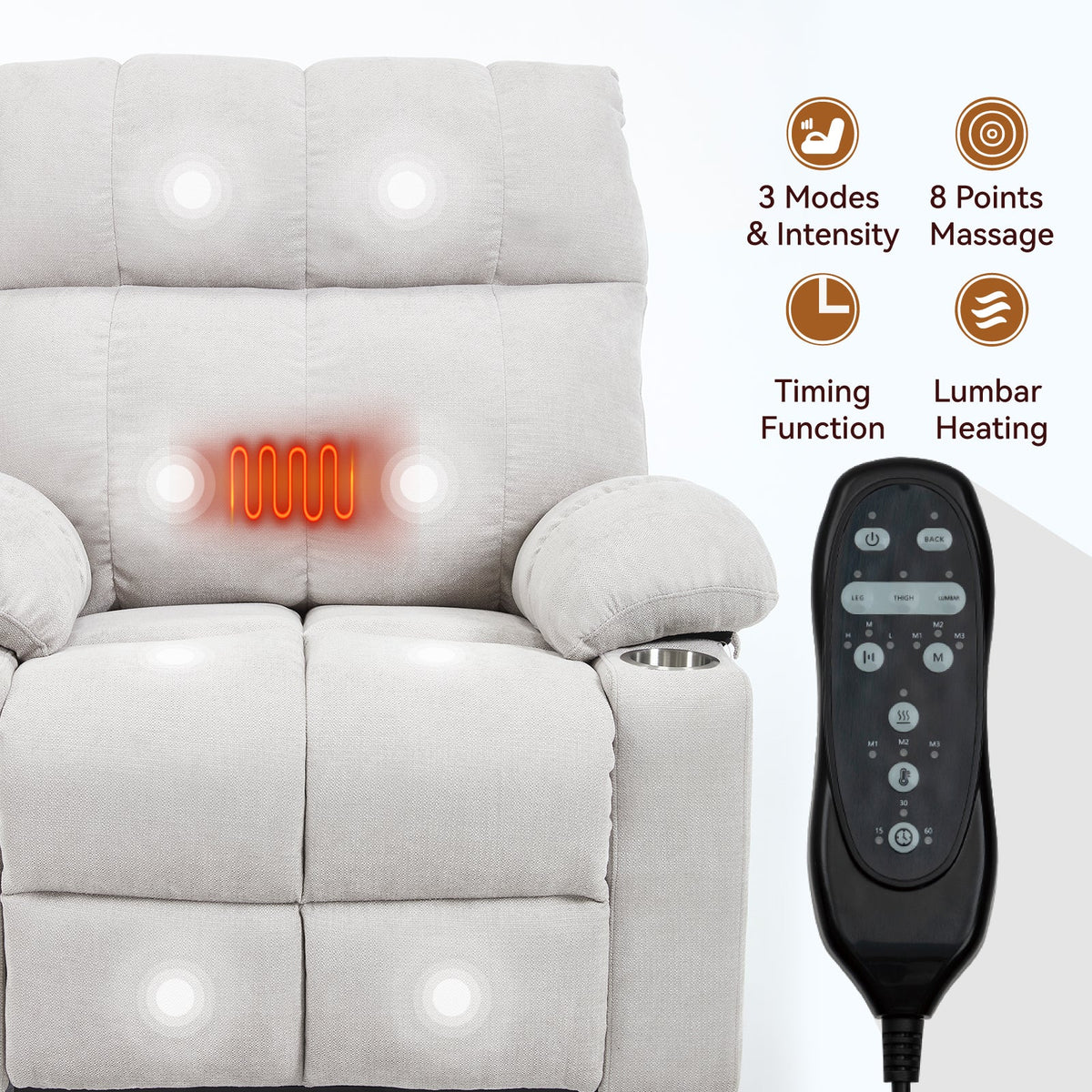 Beige fabric dual-motor lift recliner chair with remote and built-in massage on Tampa Home & Garden Store