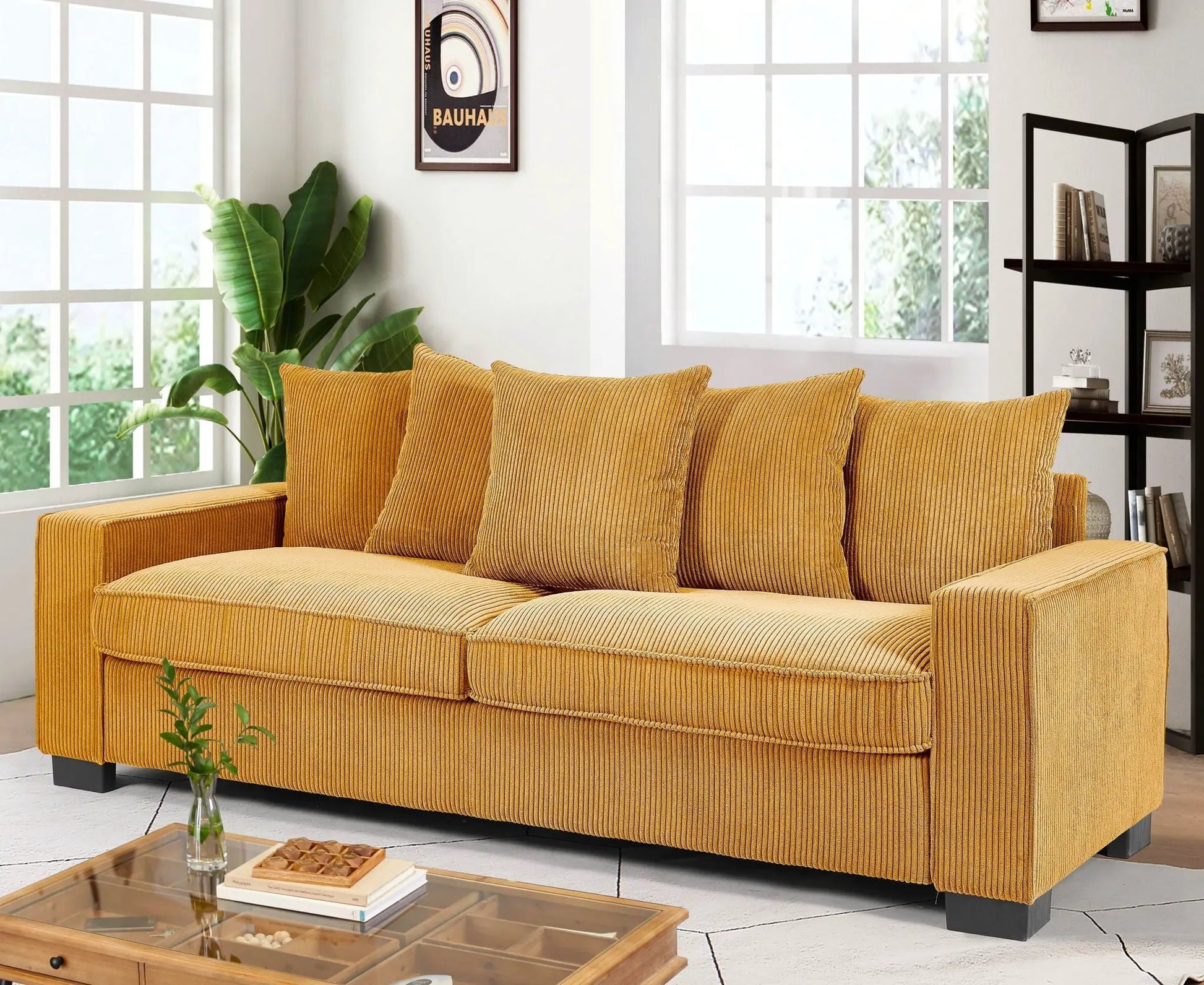 3-seater Luxe sofa in mustard corduroy with five matching pillows by Unique Piece Furniture on Tampa Home & Garden Store
