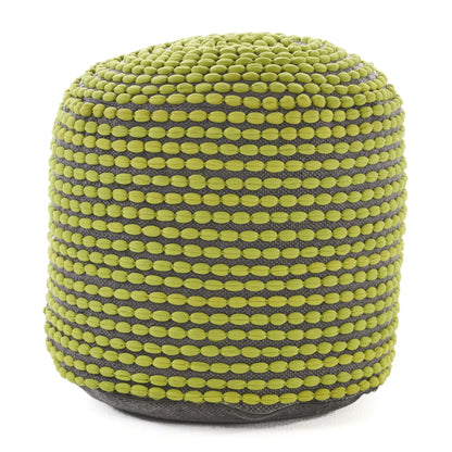 River Handcrafted Cylindrical Pouf in lime green and gray water resistant fabric, Unique Piece on Tampa Home & Garden Store