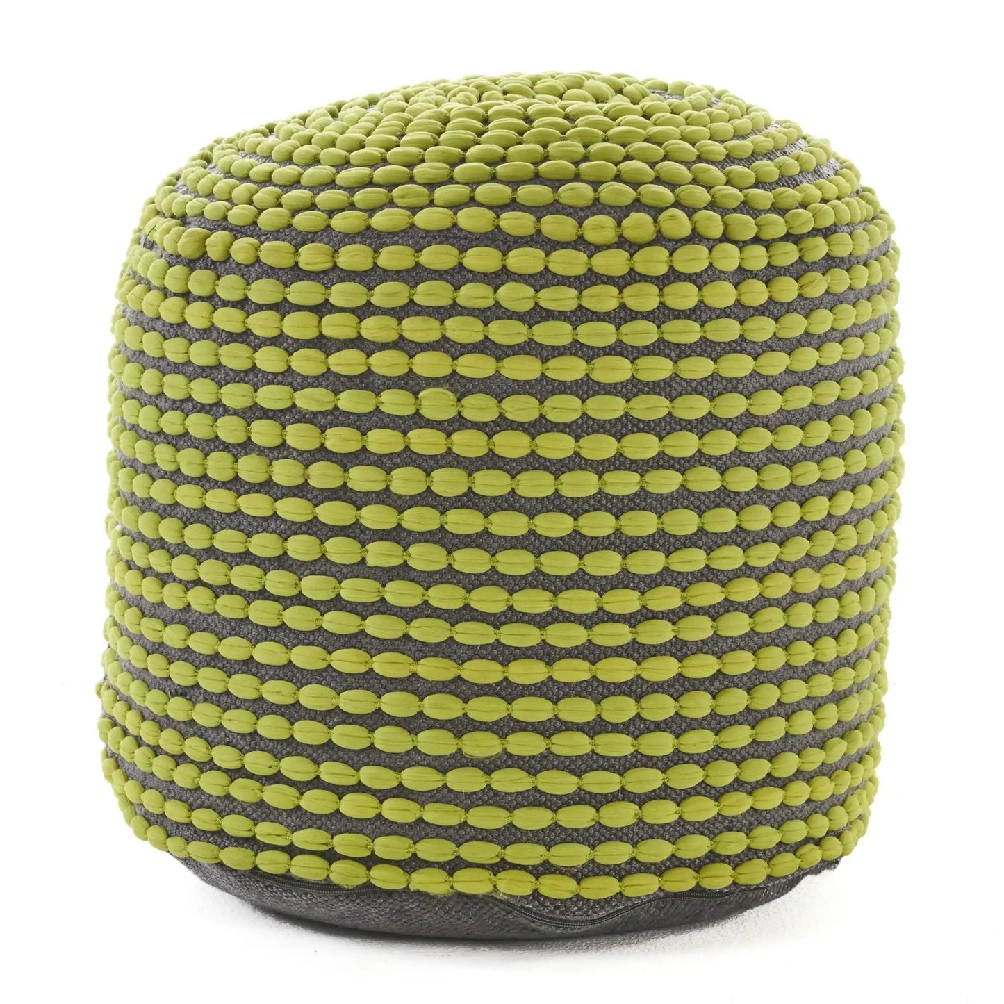 River Cylindrical Pouf by HouseOfZazla with lime-green beaded surface on gray fabric on Tampa Home & Garden Store