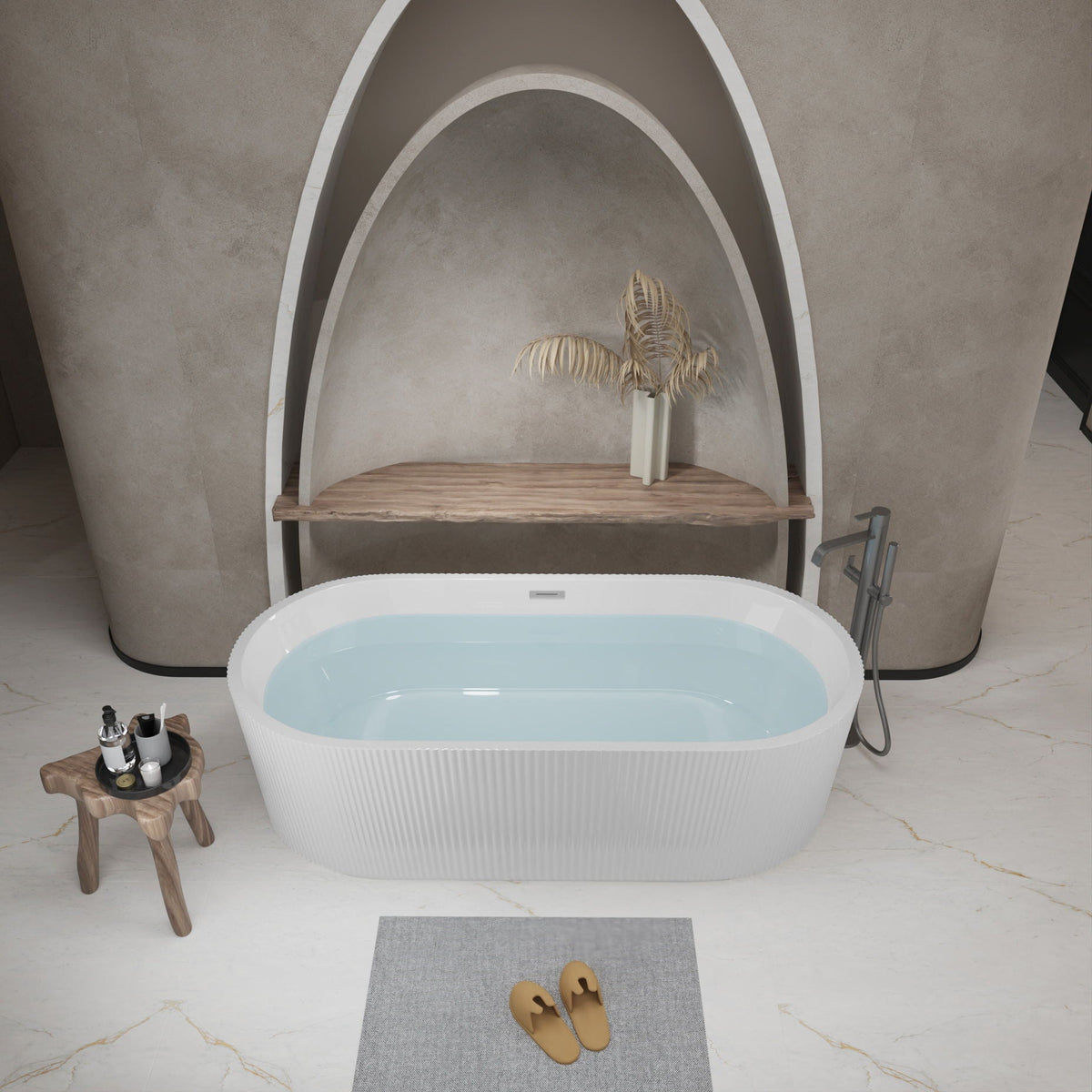 Modern Double Wall Freestanding Soaker Tub HouseOfZazla white oval with water in curved alcove on Tampa Home & Garden Store